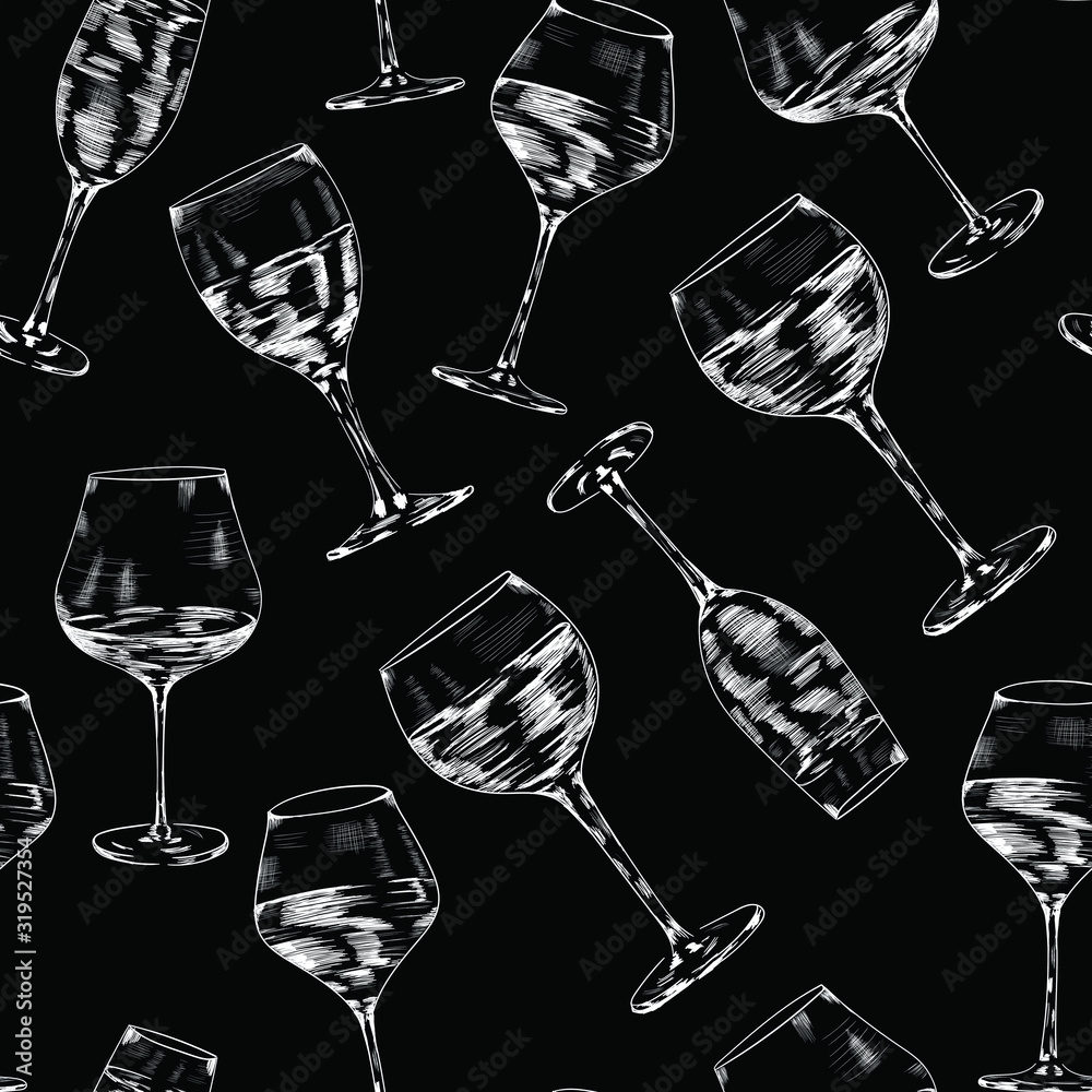Wine , champagne glasses chal drink vector seamless pattern on black