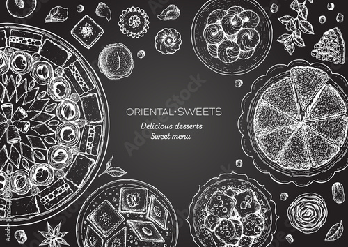 Oriental sweets vector illustration. Middle eastern food, hand drawn sketch. Linear graphic. Food menu background.