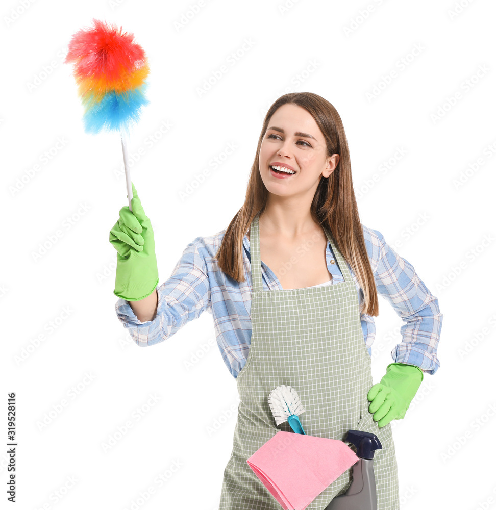 Young housewife with cleaning supplies on white background Young housewife with cleaning supplies on white background