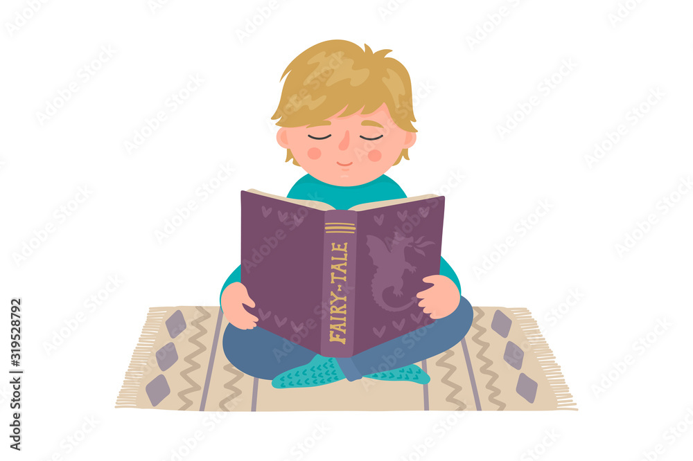 Boy reads book. Little child sitting on the carpet. Education, reading vector illustration isolated on white background. Boy reads book. Little child sitting on the carpet. Education, reading vector illustration isolated on white background.