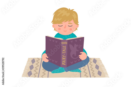 Boy reads book. Little child sitting on the carpet. Education, reading vector illustration isolated on white background.
