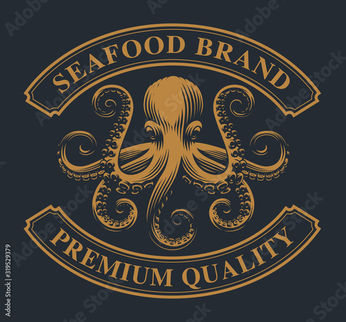Vintage emblem with an octopus for seafood theme.