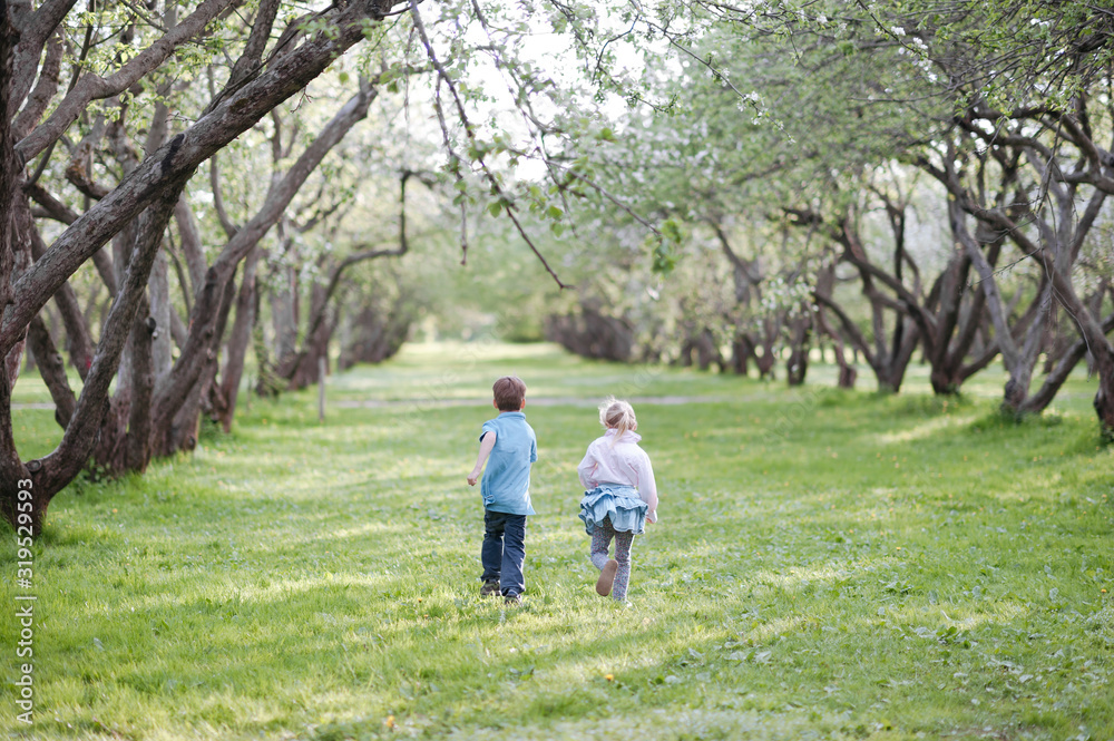 Back view of little boy and girl running side by side on a meadow