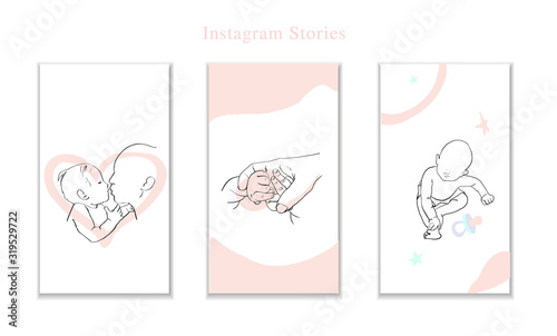 Instagram stories template about baby and mom, motherhood, Arms of newborn. Modern design. Light pink, white colors.