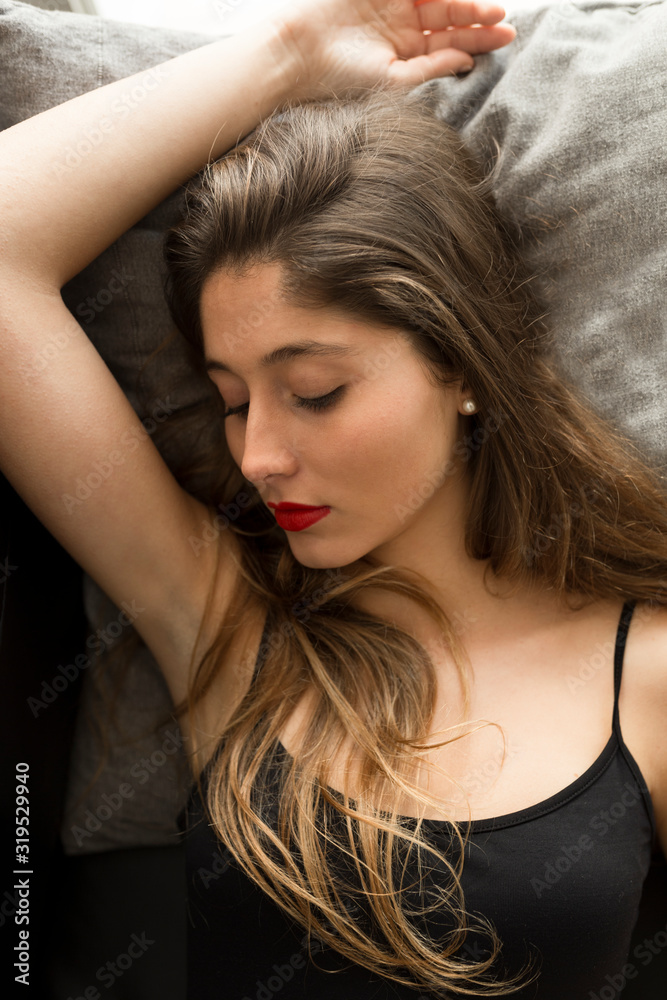 Portrait of sleeping young woman with red lips Portrait of sleeping young woman with red lips