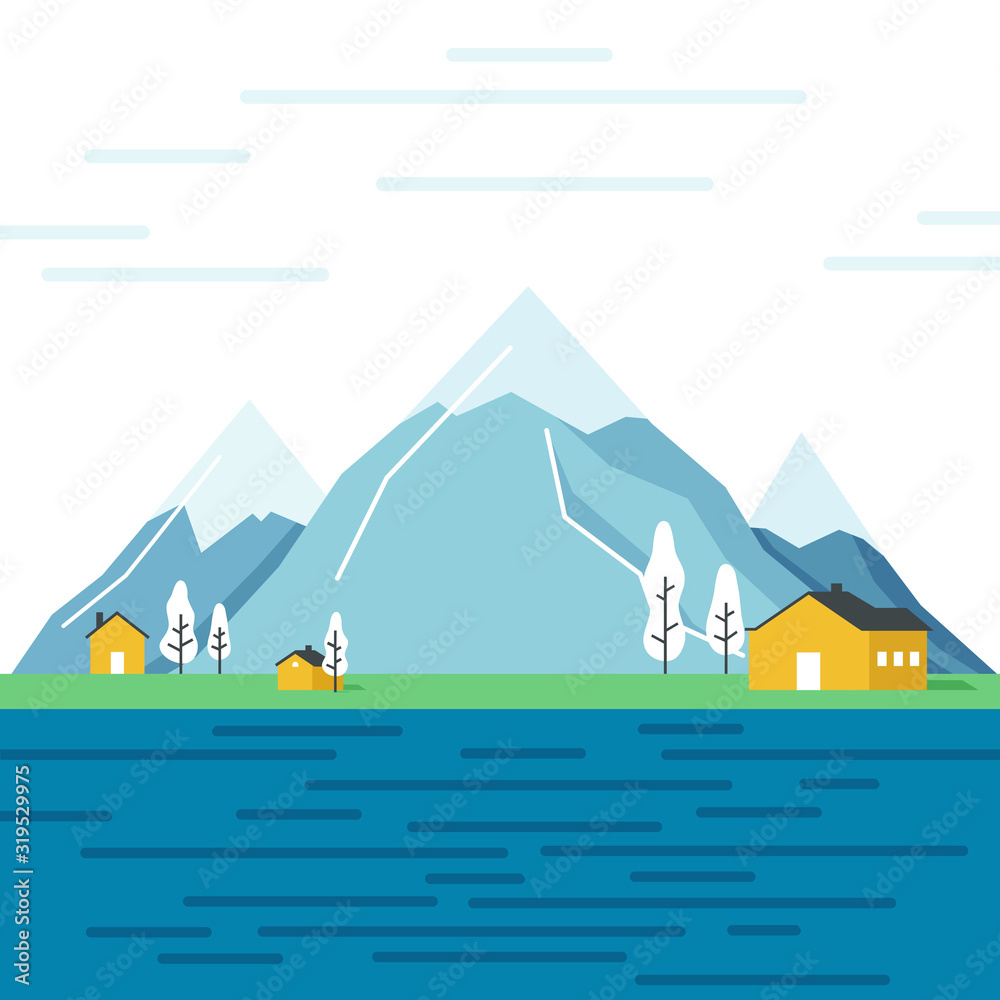 Mountain landscape with houses - flat style vector illustration for landing page, cards and print.