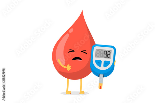 Cute cartoon sick blood drop character with glucometer. Diabetic glucose measuring device with indication sugar level. Vector high glucose diabetes risk illustration