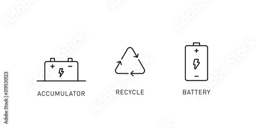 Recycle accumulator, battery thin line icons. Design element for renewable energy, green technology. Vector illustration.