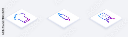Set Isometric line Chef hat, Rolling pin and Wood easel or painting art boards. White square button. Vector