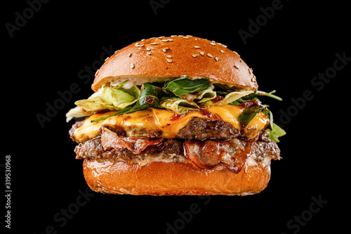 21 burger on a black background for the menu. Black and white burgers with meat, chicken cutlet, salad, egg. photo