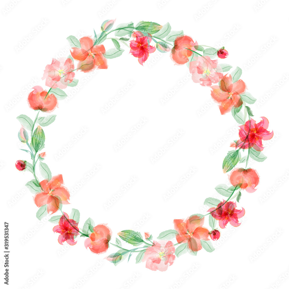 wreath, round frame of red flowers. Elegant frame, imitation of watercolor. wreath, round frame of red flowers. Elegant frame, imitation of watercolor.