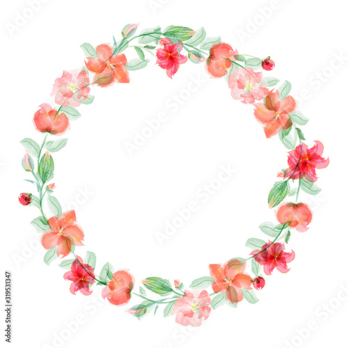 wreath, round frame of red flowers. Elegant frame, imitation of watercolor.
