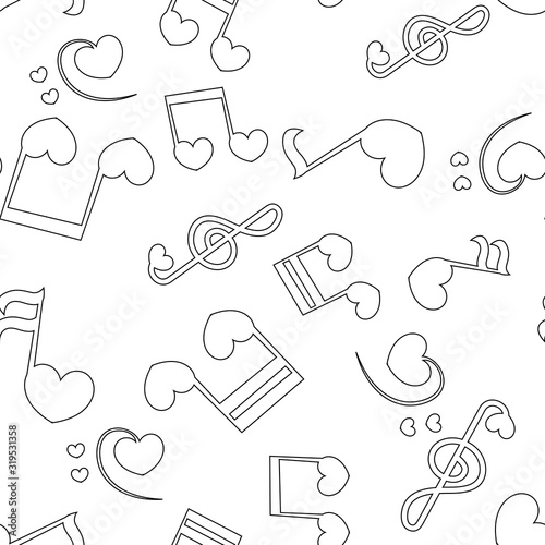 Seamless patter with love music - notes with hearts. Do, re, mi, fa, sol, la, si, clef - sign of music.