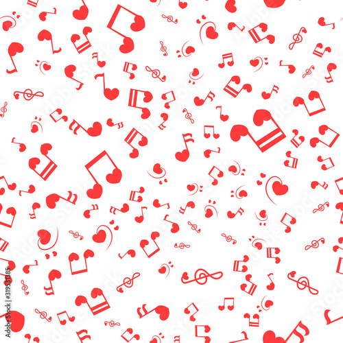 Seamless patter with love music - notes with hearts. Do, re, mi, fa, sol, la, si, clef - sign of music.