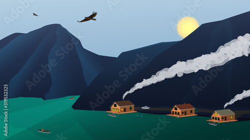 Landscape relaxation on a mountain lake with houses and high mountains. Eagles fly in the sky. The sun sets over the mountains. A fisherman in a boat is fishing. People are swimming. Horizontal vector