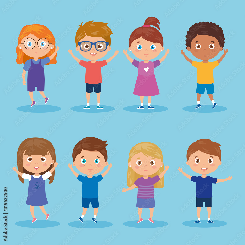 set of children standing on blue background vector illustration design