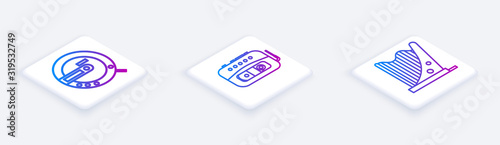 Set Isometric line Music CD player, Music tape player and Harp. White square button. Vector