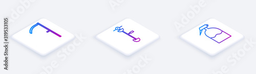 Set Isometric line Scythe, Grass and weed electric string trimmer and Garden sprayer. White square button. Vector