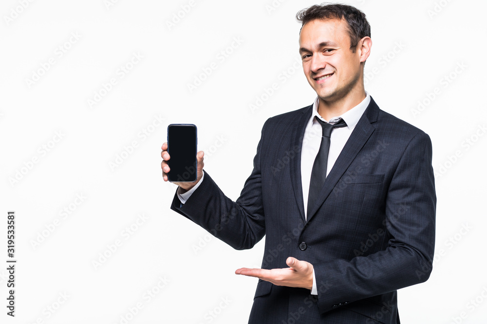 Happy businessman pointing finger on blank smartphone screen over white background Happy businessman pointing finger on blank smartphone screen over white background