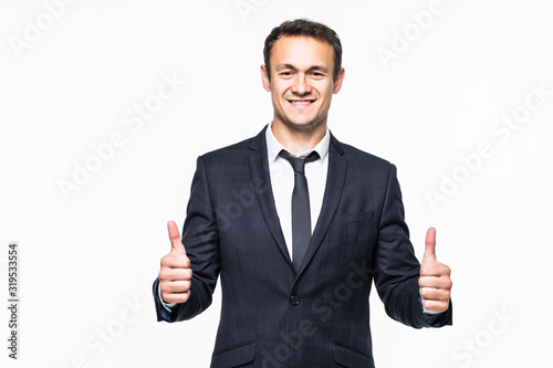 Happy businessman with thumbs up gesture, isolated on white background