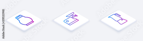 Set Isometric line Salt and pepper, Kitchen meat grinder and Moka pot. White square button. Vector