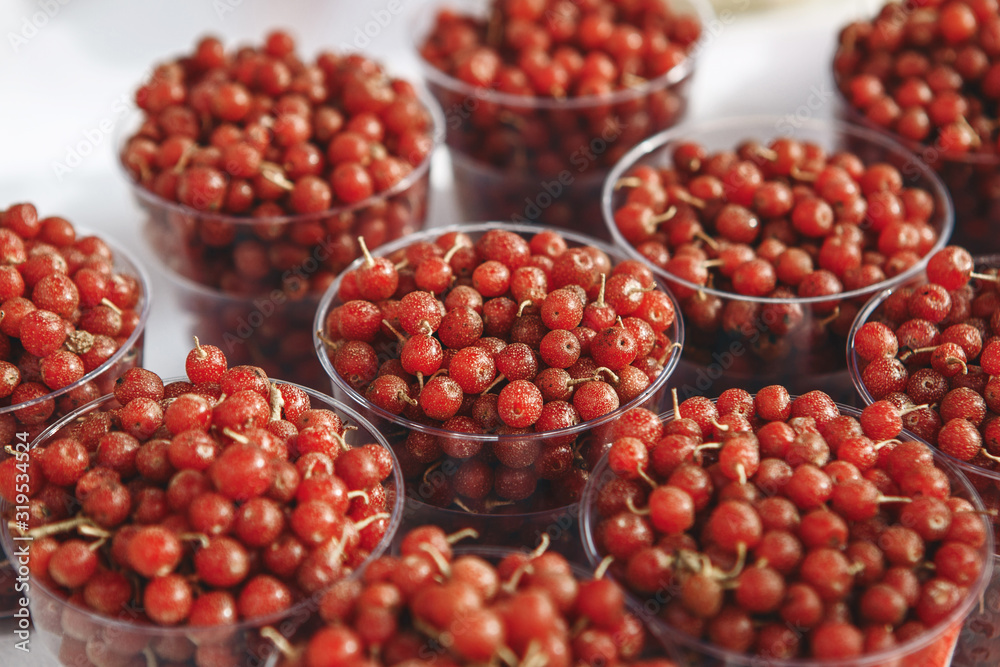 Closeup red cranberries in glasses Closeup red cranberries in glasses