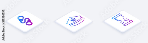 Set Isometric line Handcuffs, Police cap with cockade and Old hourglass. White square button. Vector