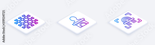 Set Isometric line Prison window, Stage stand or debate podium rostrum and Fingerprint. White square button. Vector