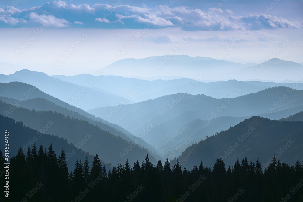 Majestic landscape of summer mountains. A view of the misty slopes of the mountains in the distance. Morning misty coniferous forest hills in fog and rays of sunlight. Travel background. 