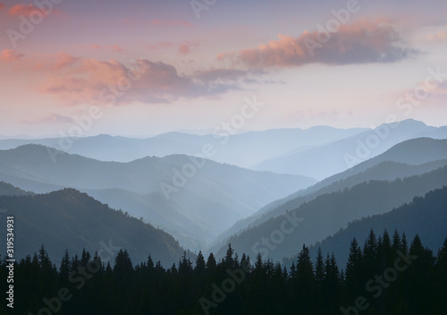 Beautiful landscape of summer mountains at sunrise. Misty slopes of the mountains in the distance. View of morning forest hills in fog and rays of sunlight. Concept of the awakening wildlife.