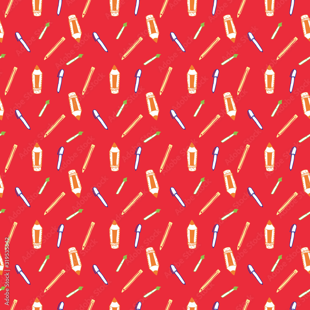 Seamless Pattern with Colorful Pencils and Pens. Back to School Background	