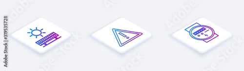 Set Isometric line Solar energy panel and sun, Exclamation mark in triangle and Electric meter. White square button. Vector