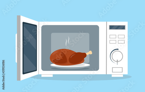 Microwave oven with chicken on the plate.