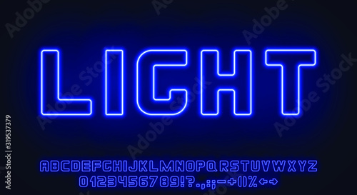 Set of blue neon font. Letters, numerals, signs, icons with transparent glow for web design and advertising