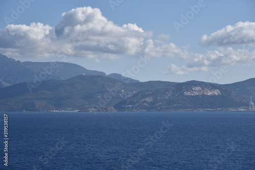 Landscape of Moroccan coast near Tangier. View from the sailing vessel. 