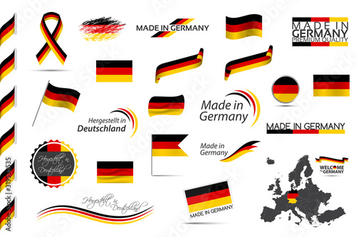 Big vector set of German ribbons, symbols, icons and flags isolated on a white background, Made in Germany, Welcome to Germany, premium quality, German tricolor, set for your infographic