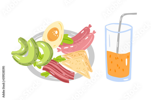 Vector illustration of tasty breakfast variant. Plate with avocado slices, toasts, sausages, slices of bacon, eggs and lettuce. Сartoon style illustration.