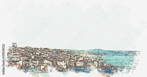 Photography Watercolor sketch or illustration of a beautiful panoramic view of urban archite