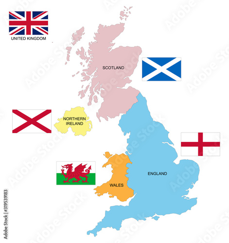Carte et drapeau du Royaume-Uni avec les 4 nations et leurs drapeaux : Angleterre - Pays de Galles - Écosse - Irlande du Nord