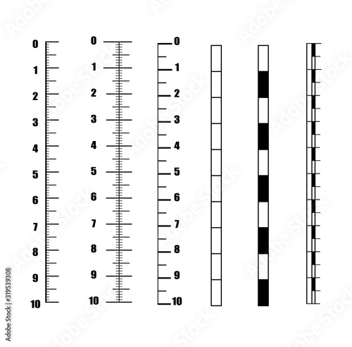 Ruler Inch Vector. Set vertical scale for an analog meter, vector template scales in units of millimeter, centimeter mm cm pattern of vertical scales for creating a ruler, thermometer, meter. 