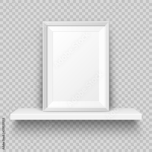 Realistic wall shelf with empty picture frame. Poster mockup for design. Vector Illustration.