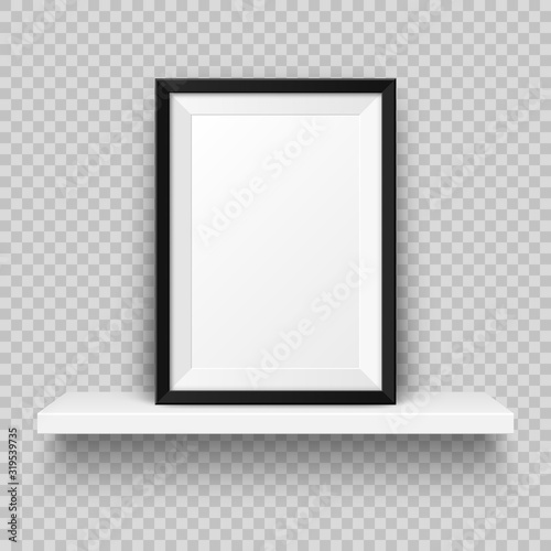 Realistic wall shelf with empty picture frame. Poster mockup for design. Vector Illustration.