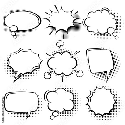 Collection of empty comic speech bubbles with halftone shadows. Hand drawn retro cartoon stickers. Pop art style. Vector illustration.