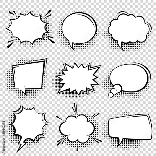 Collection of empty comic speech bubbles with halftone shadows. Hand drawn retro cartoon stickers. Pop art style. Vector illustration.