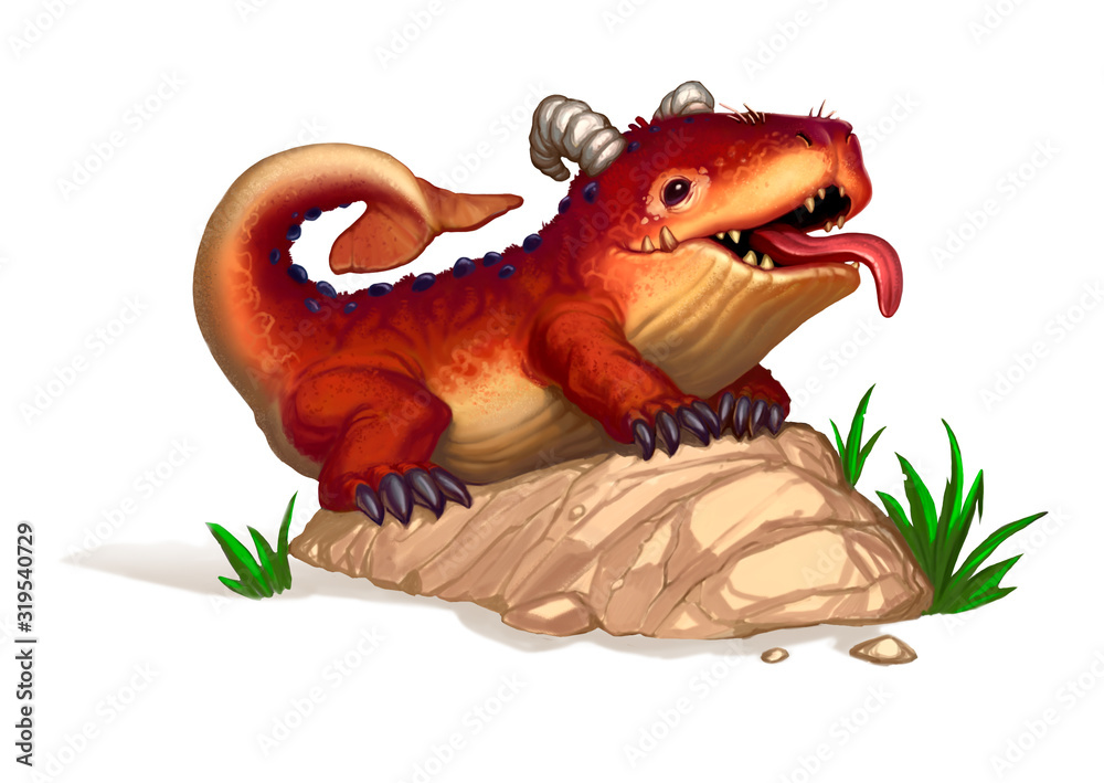 Fototapeta premium Ancient prehistoric pet of ancient man fentosi realistic illustration isolate. Chimera cute cartoon beast fish magic.