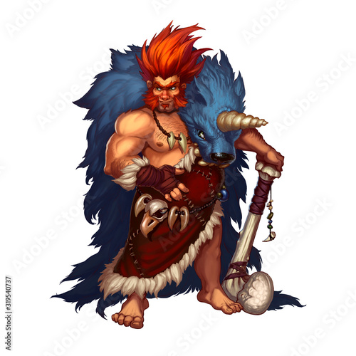 Ancient preitsoric man with a bone club in blue fur skin, realistic illustration funny  Prehistoric. Prehistoric redhead man hunter.