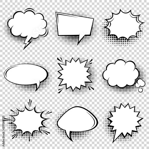 Collection of empty comic speech bubbles with halftone shadows. Hand drawn retro cartoon stickers. Pop art style. Vector illustration.