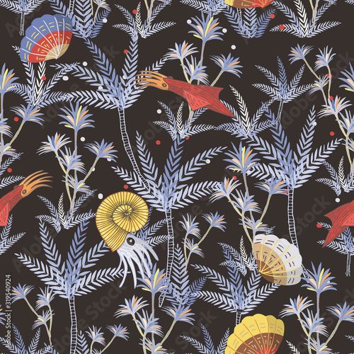 Vector image of spawns and shells, as well as squid and ammonites on a dark background. Seamless pattern for textile and wrapping paper.