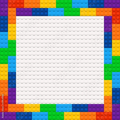 Vector frame from kids construction/building blocks/bricks. For kids party, birthday. Background with toys. Suitable for greetings card, holidays.