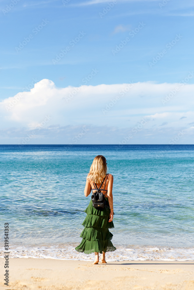 Young woman in a dress walking on the beach Young woman in a dress walking on the beach